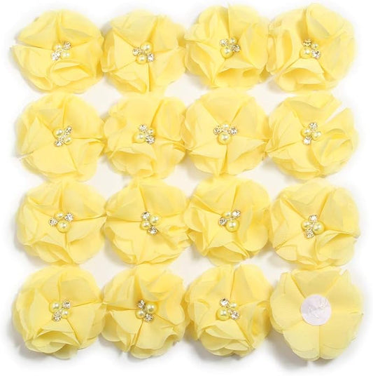 50 Pcs 2" Mini Chiffon Flowers with Rhinestones for Baby Girls Hair Accessories Artificial Fabric Flowers for Headbands Craft Projects (Yellow)