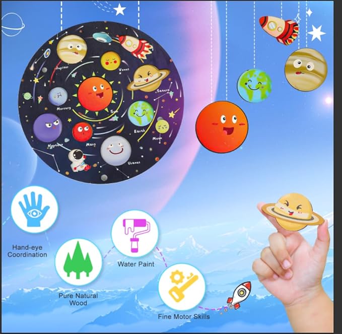 Zeoddler Upgrated Solar System Puzzle, Kids Toys for 3-6, Wooden Space Toys, Planets for Kids Preschool Learning Activities, Gift for Boys, Girls
