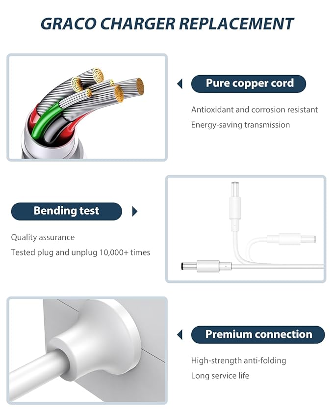 CONMDEX Graco Swing Replacement Cord 10ft Long, Graco Baby Swing Power Cord for Graco Simple Sway Swing/DuetSoothe/DuoGlider/DuetConnect LX/Glider LX, 5V Baby Swing Charger White