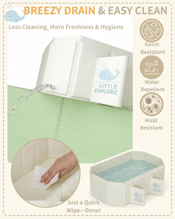Foldable Baby Bathtub for Ages 0–6, Toddler Bath Tub for Shower, Collapsible Kids Bathtub with 4 Support Legs, Anti-Slip Bottom & Dual Drain Holes, Portable Travel Bath, Easy Storage (Off-White)