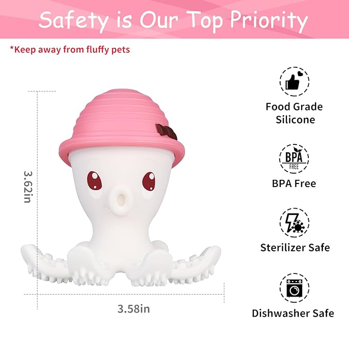 Mombella Octopus Squishy Silicone Teethers for Infants 3-18 Months, Baby Teething Toys, Perfect for Girl's Baby Shower Registry