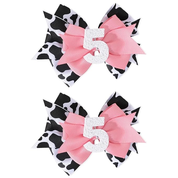 Birthday Hair Bow for Baby Girls - 2Pc Pink Sprinkle Hair Clips for 2nd Birthday Glitter Ice Cream Baby Bow Party Decorations for Girls Toddlers Hair Accessories (Cow Print -5 Years)