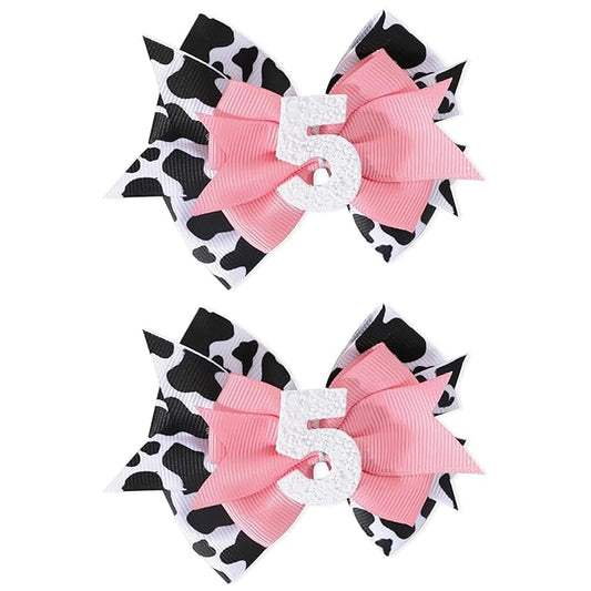 Birthday Hair Bow for Baby Girls - 2Pc Pink Sprinkle Hair Clips for 2nd Birthday Glitter Ice Cream Baby Bow Party Decorations for Girls Toddlers Hair Accessories (Cow Print -5 Years)