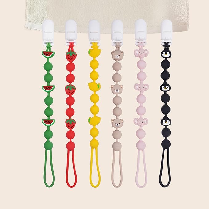 Cute Fruits Silicone Pacifier Clip Holder,Pack of 3,Flexible One Piece Design Paci Leash,Binky Clips for Baby Boys and Girls,Newborn Essential. (Lemon,Watermelon,Strawberry)