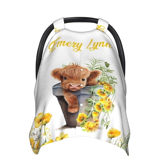 Personalized Baby Car Seat Canopy with Name – Custom Highland Cow Sunflower Minky Nursing Cover for Boys & Girls, Soft Stroller Cover for Infants & Newborns, Carseat Canopy for Breastfeeding