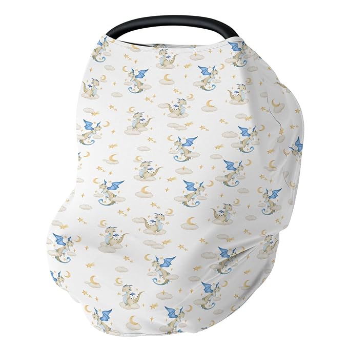Fantasy Dragon Car Seat Cover for Baby Fairytale Dragons Moon Stars Clouds Trees Stretchy 5-in-1 Cover Adjustable Car Canopy Cover Myth Animal Breathable Nursing Cover-Up