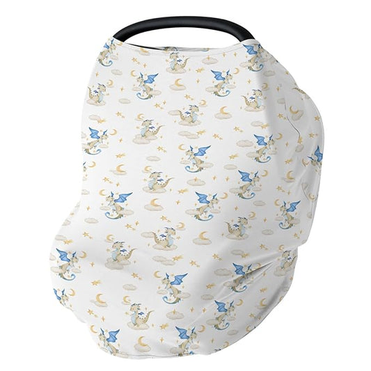Fantasy Dragon Car Seat Cover for Baby Fairytale Dragons Moon Stars Clouds Trees Stretchy 5-in-1 Cover Adjustable Car Canopy Cover Myth Animal Breathable Nursing Cover-Up