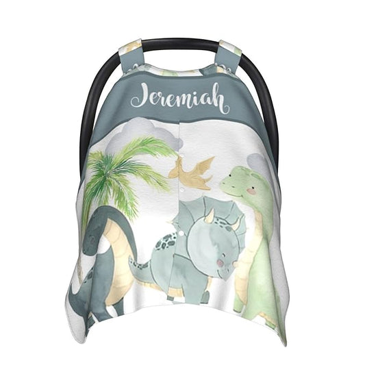 Custom Name Nursing Cover – Dinosaur Baby Car Seat Canopy, Stroller Cover, Baby Minky Blanket – Personalized Newborn Shower Gift for Infant Boys & New Moms