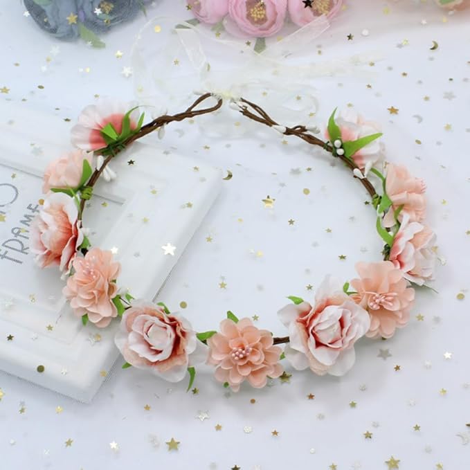 AKOAK 1 Pack Flower Crown, Bohemian Wreath for Girls Floral Tiara, Wedding Headband, Bride Bohemian Wreath/Baby Shower/Photo/Toddler (Flesh Pink)