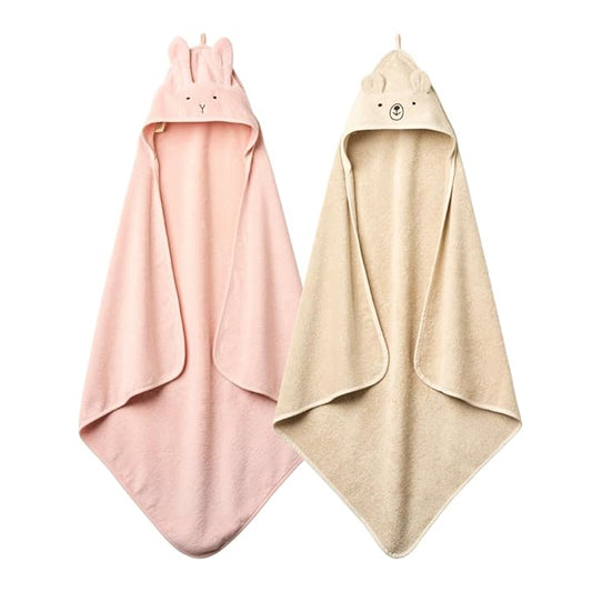 Hooded Baby Towels - 100% Organic Cotton Baby Bath Towels, 32" x 32" Super-Soft and Absorbent Baby Towels for Newborn 2-Pack (Rabbit Blush/Bear Fog)