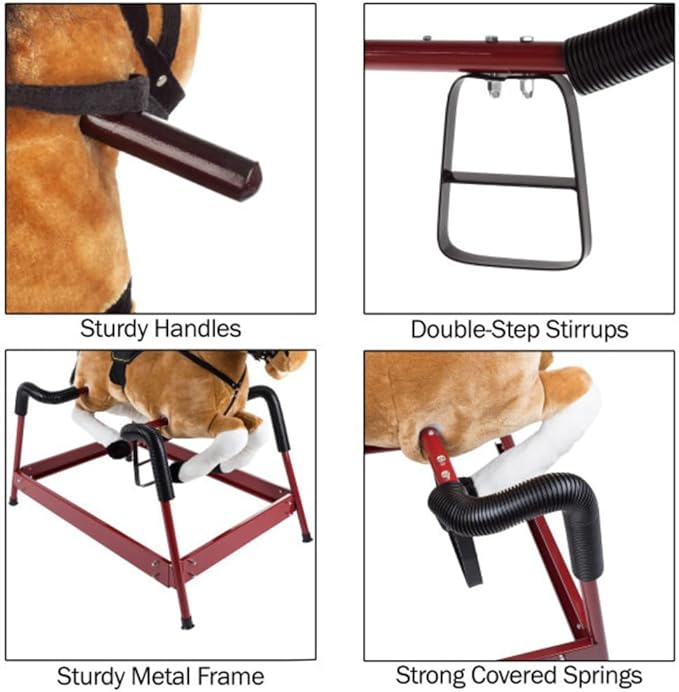 Spring Rocking Horse - Plush Bouncy Ride-On Toy with Fun Sounds, Wood Handles, and Adjustable Stirrups for Kids Ages 3 to 6 by Happy Trails (Brown)