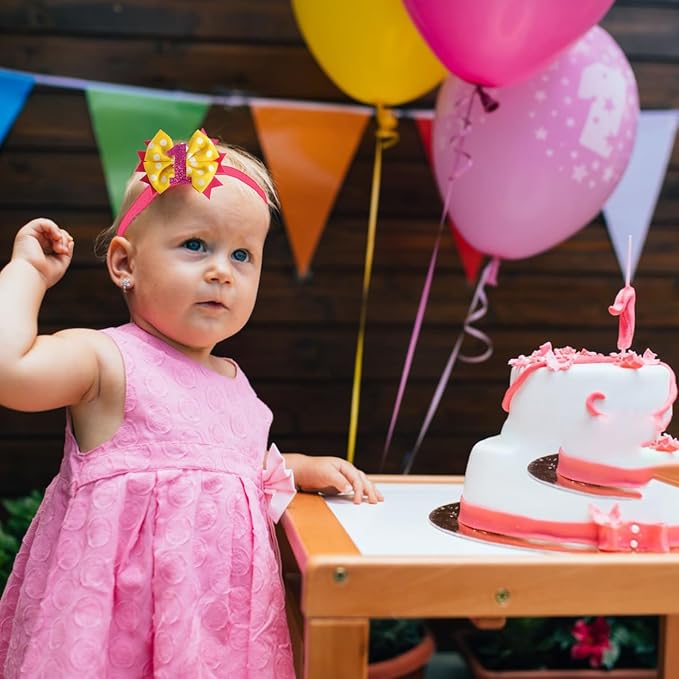 Birthday Hair Bow for Baby Girls - 2Pc Yellow Sprinkle Bow Headband for 1st Birthday Glitter Ice Cream Baby Party Decorations for Girls Toddlers Hair Accessories
