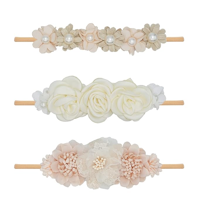 Baby Girl Flower Headbands Set, 3pcs Elastic Nylon Floral Hair Band, Bows Wrap for Infant Newborn Toddler