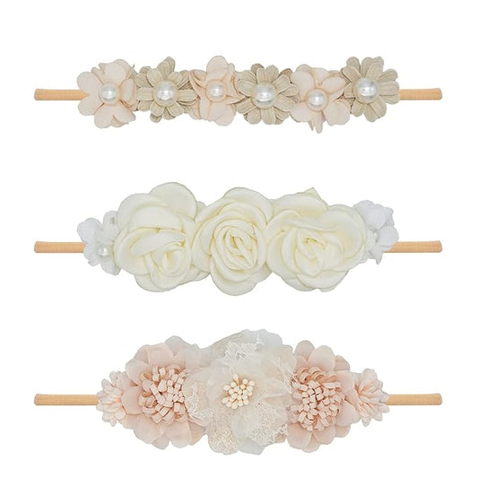 Baby Girl Flower Headbands Set, 3pcs Elastic Nylon Floral Hair Band, Bows Wrap for Infant Newborn Toddler