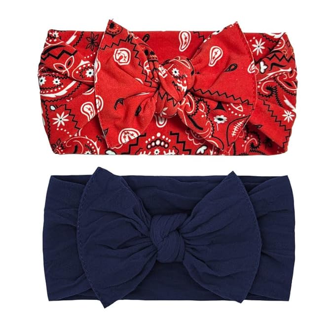 Baby Bling Bows - Newborn to Little Baby Girl Bows, 2PK PRINT SOLID KNOTS Nylon Super Soft Stretchy Toddler Headbands, Perfect Hair Accessories Head Bands for Infant Kids (Red Bandana & Navy)