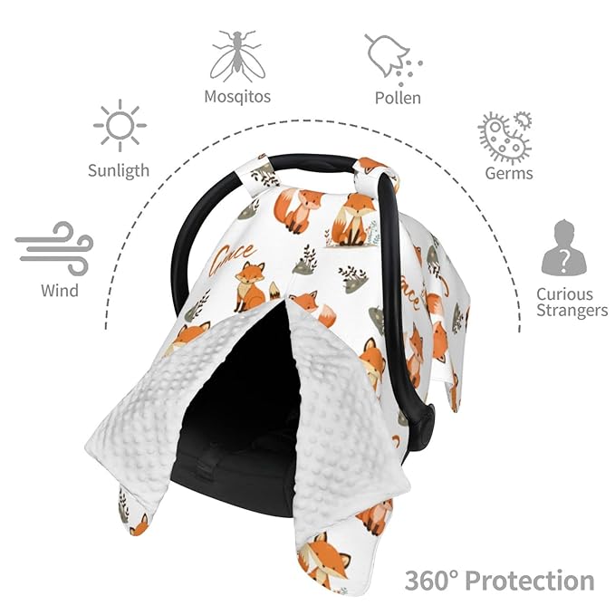 Personalized Baby Car Seat Covers for Babies with Name, Customized CarSeat Cover Stroller Canopy for Girls Boys, Custom Cute Fox Nursing Cover Breastfeeding Scarf for Infant Newborn New Mom