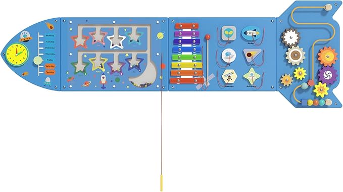 Spacocld Montessori Busy Board - Blue Rocket Activity Wall Panels, Wall Toys for Toddlers 3+, Sensory Panels for Kids, Wooden Activity Cubes, Playroom Daycare Toys, Toddler Sensory Board (4PCS)