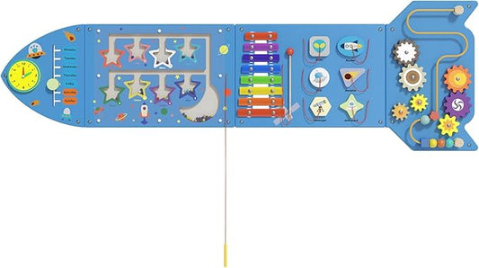 Spacocld Montessori Busy Board - Blue Rocket Activity Wall Panels, Wall Toys for Toddlers 3+, Sensory Panels for Kids, Wooden Activity Cubes, Playroom Daycare Toys, Toddler Sensory Board (4PCS)