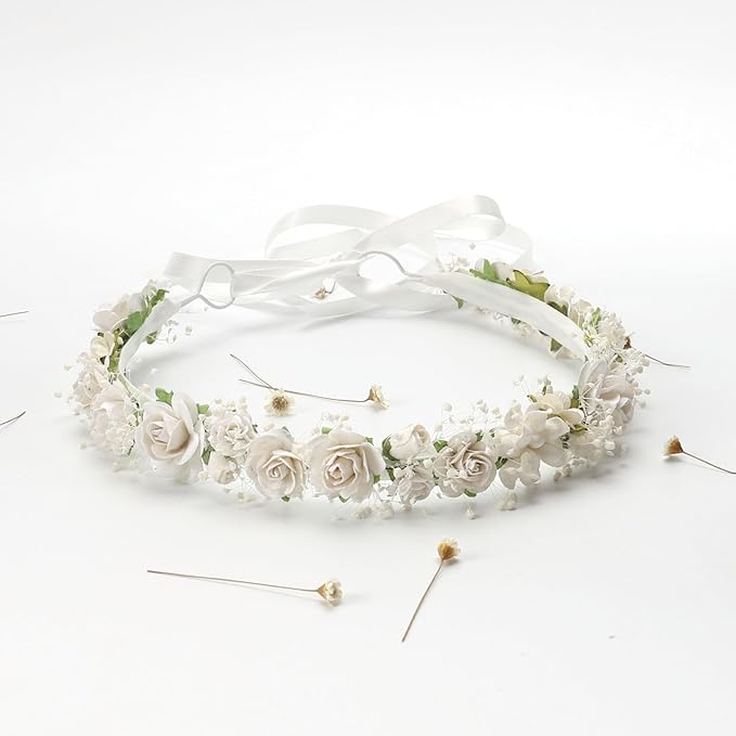 White Flower Girl Crown with Baby's Breath Headpiece Young Girl Communion Floral Hair Wreath Rustic Wedding Hair Accessories Headband for Child(43cm length)