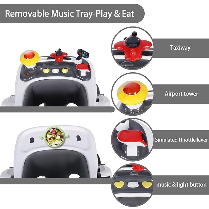 Kinder King Baby Walker with Music & Lights, 5 in 1 Baby Activity Walker with Wheel, Adjustable Height & Seat, Learning-Seated & Toddler Walk-Behind, Safety Bumper, Infant Walker Anti-Rollover, Grey