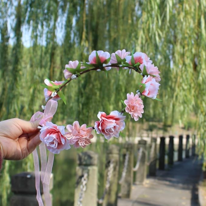 AKOAK 1 Pack Flower Crown, Bohemian Wreath for Girls Floral Tiara, Wedding Headband, Bride Bohemian Wreath/Baby Shower/Photo/Toddler (Flesh Pink)