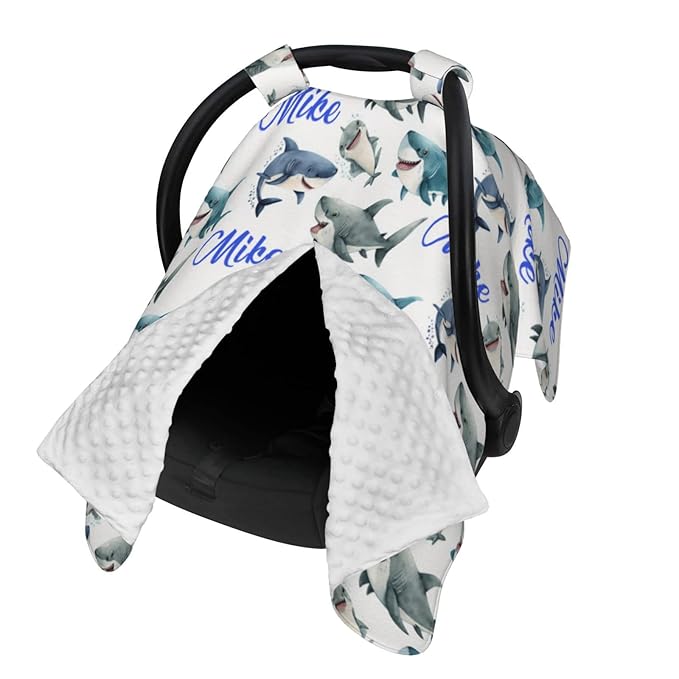 Personalized Baby Car Seat Canopy for Babies with Name, Custom Car Seat Covers for Boys Girls, Infant Opening Minky Nursing Breastfeeding Stroller Cover Carseat Canopies for Newborn (Shark)