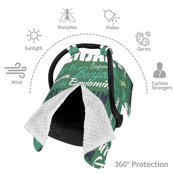 Personalized Baby Car Seat Canopy for Boys & Girls, Custom Name, Green, Water Repellent, Universal Fit, Polyester