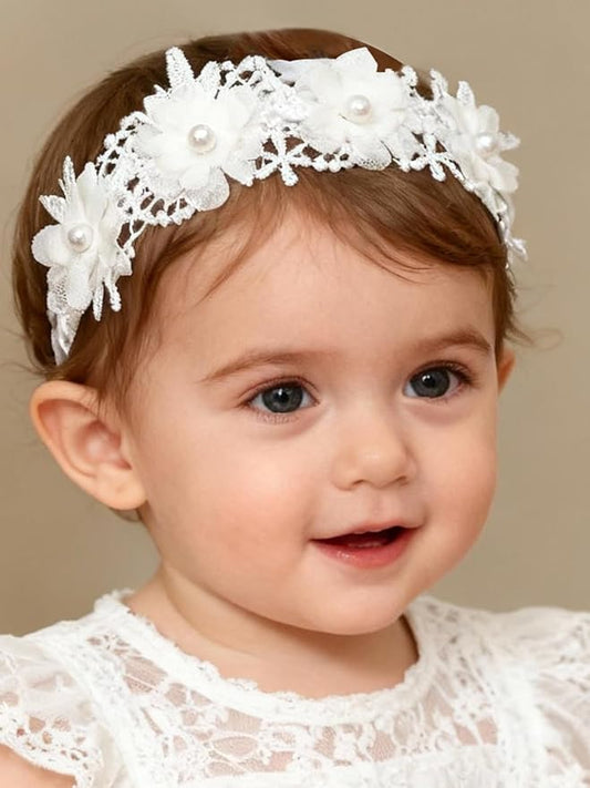 Baby Girls Hairband White Bow Lace Headbands Handmade Soft Stretchy Wide Head Band Newborn Hairbands with Bows Pearls Elastic Headband for Infant Hair Accessories（Five Pearl Flowers）