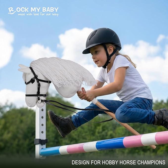 ROCK MY BABY Hobby Horse with a Detachable Bridle Plush Handmade Stick Horse with Removable Rosette Ribbon for Kids 3+ Years Old (White)
