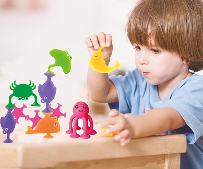 Suction Bath Toys for Kids, 9 PCS Silicone Ocean Animal Suction Cup Toys, Mold Free No Hole Bathtub Toy, Sensory Window Building Toy Gifts for Toddler Children Kids Over 3 Years