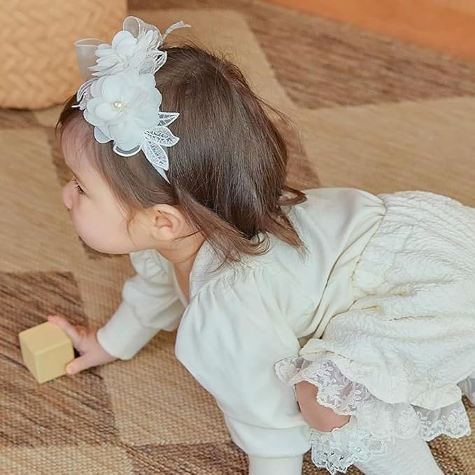 White Lace Flower Headband for Baby Girls Toddler Christening Baptism Hairband Soft Lace Floral Birthday Party Hair Accessories for Newborn Infants Kids (Style 11, One size)