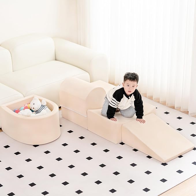 Tiita Foam Climbing Blocks with Small Ball Pit Playground for Baby, Climb and Crawl Playset 5-Piece - Indoor Soft Play Climber for Playtime Fun, Beige