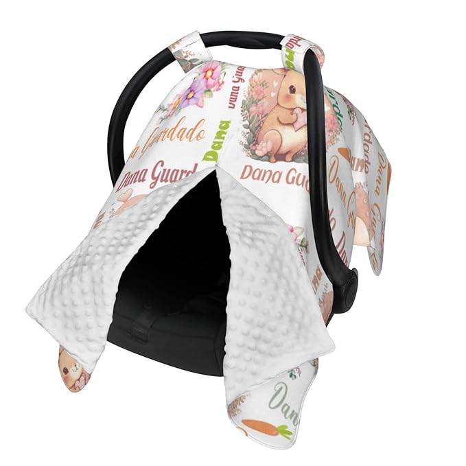Personalized Cute Rabbit Baby Car Seat Cover for Girl, Customized Name Nursing Covers Breastfeeding Scarf, Multi Use Infant Carseat Canopy for Newborn Carrier/Stroller/Shopping Cart/High Chair