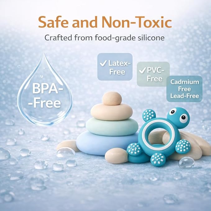 Baby Silicone Teething Ring Teether Gift Set for Boys and Girls Over 3 Months Soothes Gums Fits Small Hands Ergonomic Design Set of 4 Toys Ideal Gift Box BPA Free