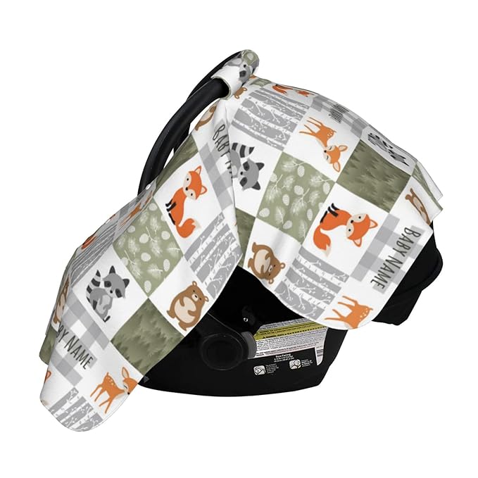 Personalized Woodland Animals Baby Car Seat Canopy for Babies with Name, Custom Stroller Car Seat Covers for Girls Boy, Minky Nursing Carseat Cover for Breastfeeding, Car Seat Canopies for Newborn