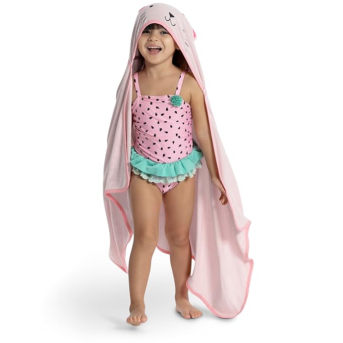 Delta Children Personalized Kids Hooded Bath Towel with Pockets - Super Soft and Absorbent- Great Gift for Boys and Girls, Pink Cat