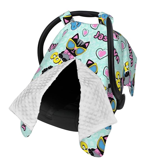 Personalized Baby Car Seat Canopy With Name - Custom Cute Cat Stroller Cover for Girls, Minky Nursing Cover for Breastfeeding, Newborn Carseat Canopies
