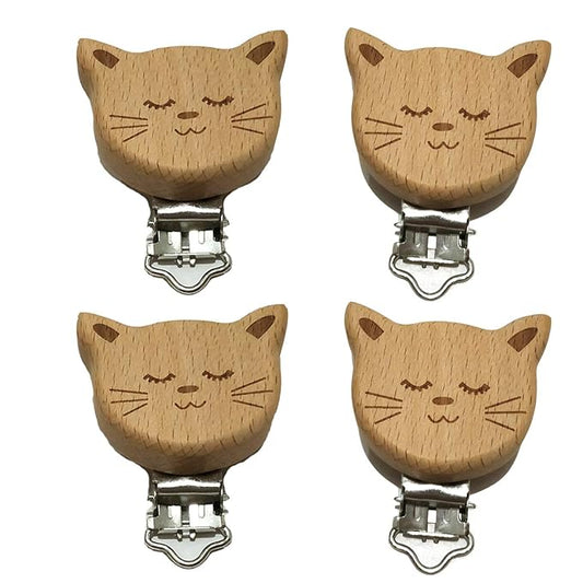 10pcs Natural Wood Suspender Pacifier Clips Cute Beech Wooden Animal Cat Shape Clips DIY Beading Pacifier Chain Accessory