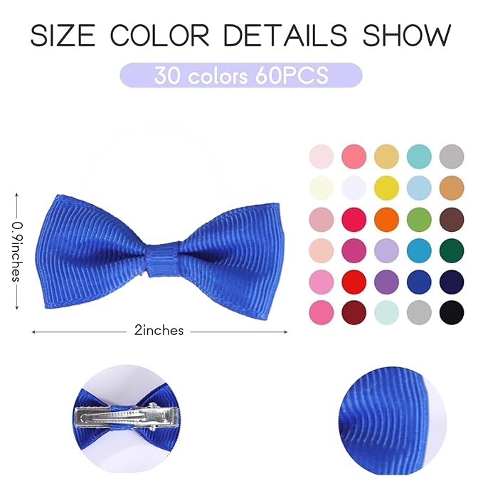 2inch Hair Bows for Baby Girls,60PCS Grosgrain Boutique Solid Ribbon Mini Bows Alligator Clips for Baby Girls Newborns Toddler in Pairs