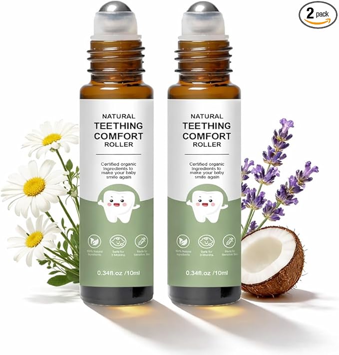 Teething Roller, Teething Oil Roller with Chamomile & Rose Oil, Gentle Roll-On Formula, Easy to Use, Portable Daily Care, 2 Pack