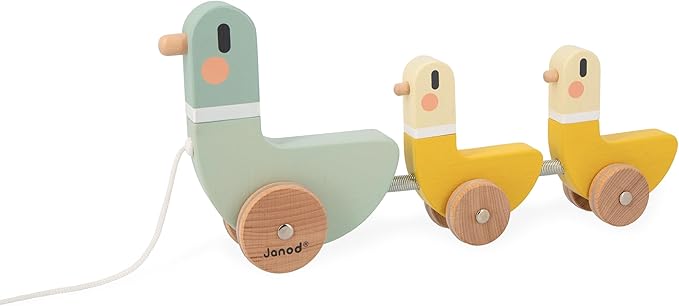 Janod - J04051 - 3 Sweet Cocoon Pulling Ducks - Develops Motor Skills - FSC Wood Toy and Water Paint - From 12 Months, Green/Yellow