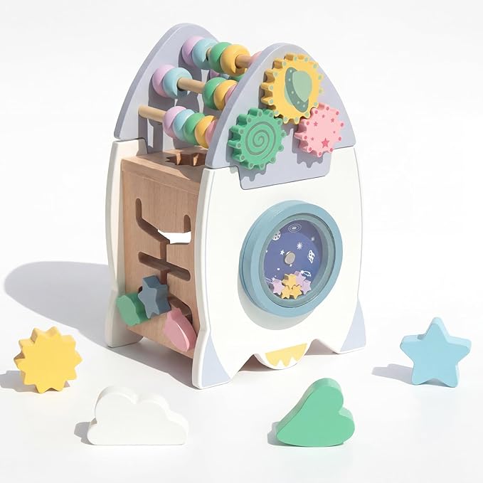 Wooden Space Rocket Activity Cube Toys for Baby, Montessoritoys for 2 3 Year Old Boy & Girl Birthday Gifts, Sensory and Educational Birthday Gifts, Busy Board Toys for Baby Boy