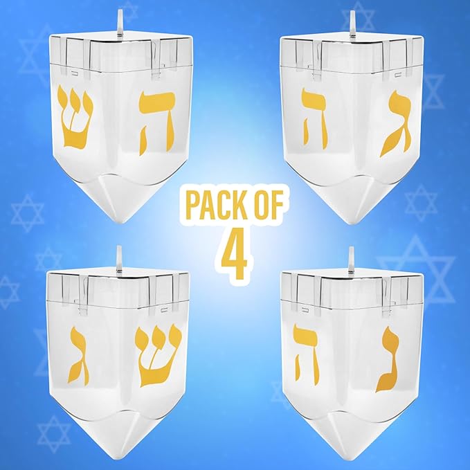 Large Fillable Dreidels for Hanukkah, Pack of 4 Plastic Dreidels Bulk, Clear Large Dreidels That Bring Joy and Tradition to Every Celebration