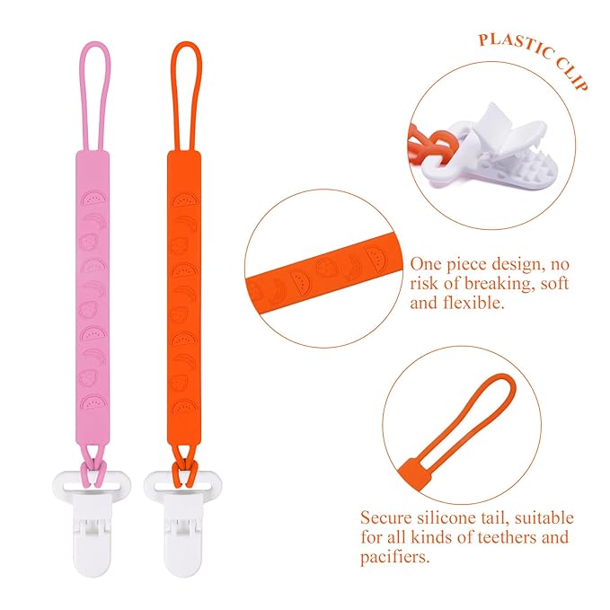 One Piece Design Silicone Pacifier Clip Holder for Baby Boys and Girls,Pack of 4 Flexible Paci Leash,Binky Clips,Newborn Essentials (Fruits, Pink)