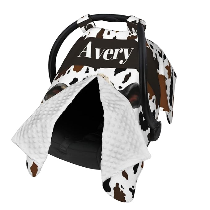 Personalized Farm Cow Baby Car Seat Canopy – Custom Name Minky Opening Nursing Cover, Breathable Infant Carseat & Stroller Cover for Newborn Boys Girls