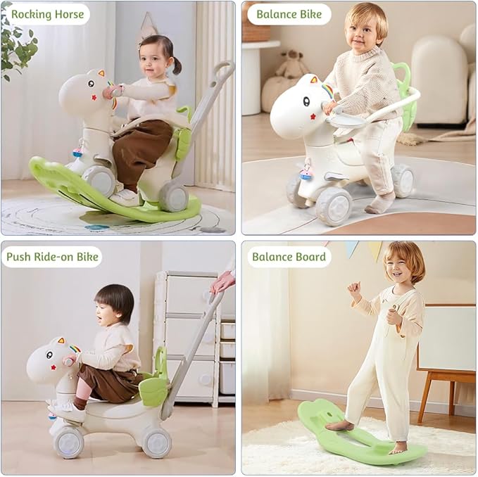 Ancaixin 4 in 1 Rocking Horse Ages 1-3, Baby Rocking Toy Birthday Gift for Toddlers 1-3 Years Old, Balance Bike Ride On Toys with Push Handle, Backrest and Balance Board for Baby Girl and Boy, Green