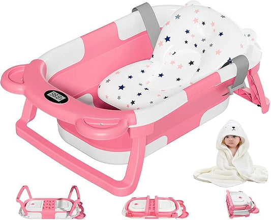 MoreFeel Collapsible Baby Bathtub for Newborn with Thermometer & 1 Hooded Towel & 1 Soft Floating Cushion,Portable Travel Bathtub with Drain Hole, Durable Foldable Baby Tubs for Infants to Toddler
