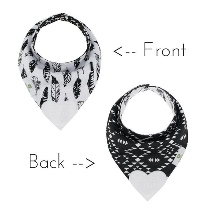 Pickle & Olive Reversible Baby Teething Bibs - Attached Heart Shaped Teether - Monochrome - Set of 2