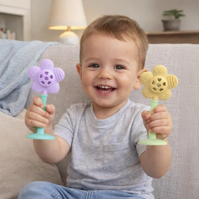 Lulyboo Flower Rattle & Teether Set for Babies - 100% Food Grade Silicone Soft Textures, Gentle Gum Massage, Lightweight Built-in Rattle, Easy-Hold Stem, Age 0+, Durable & Easy-Clean, Soothing Comfort