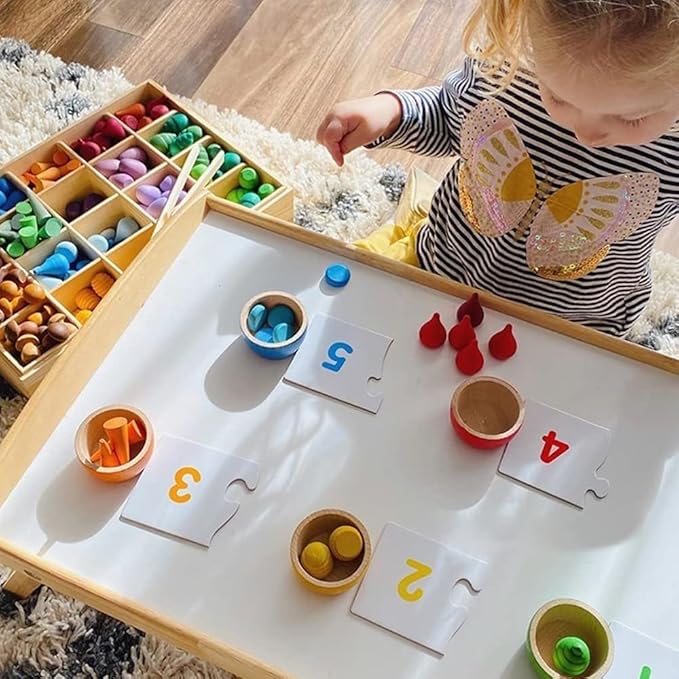 Candywood Large Set Rainbow Color Style Wooden Loose Parts Sensory Play Toys, 7 Shapes, 27 Colors, Rainbow Stacker Nesting Toys (162 PCS)